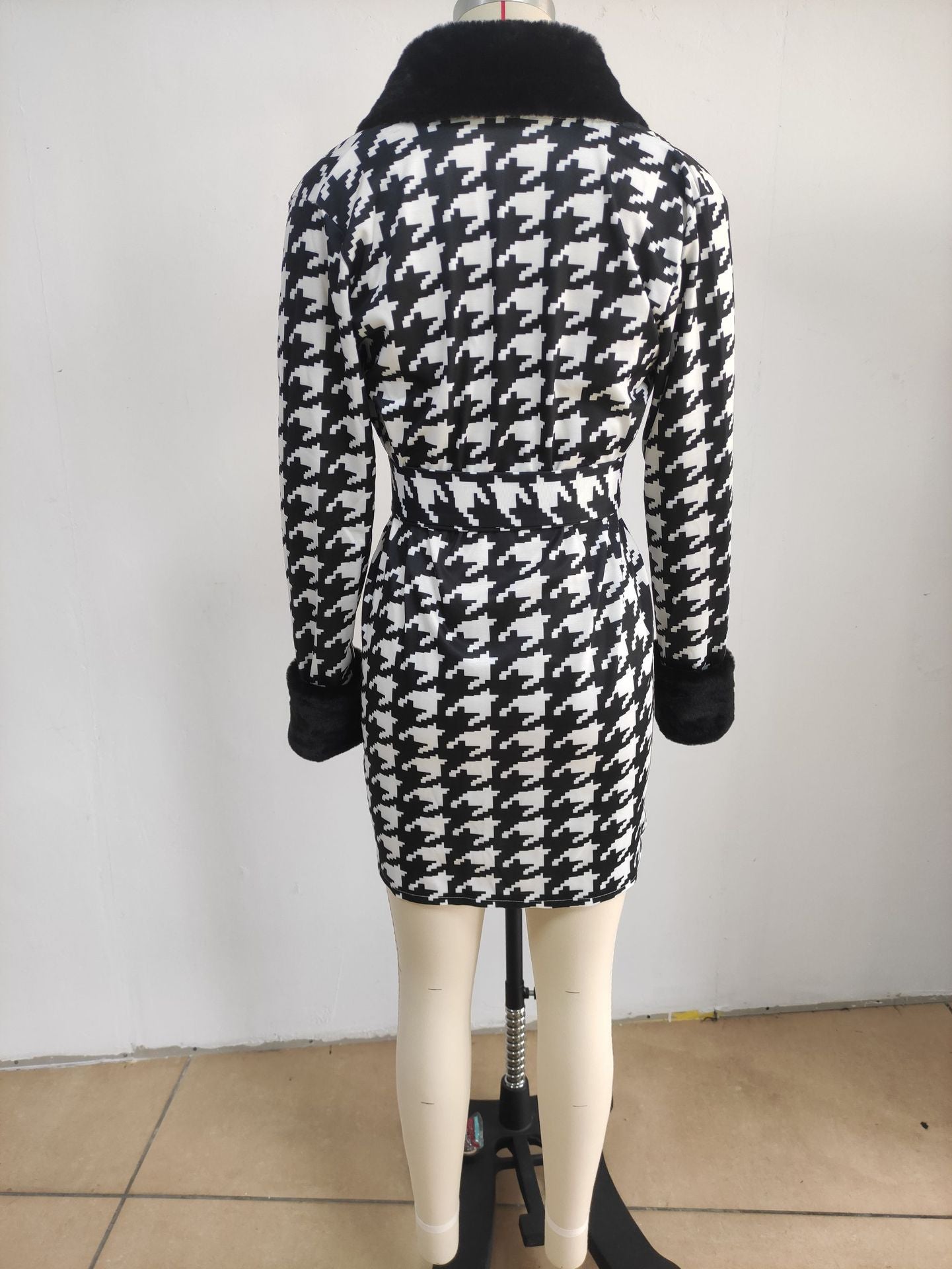 Fur Leader Circle Houndstooth Printed Dress