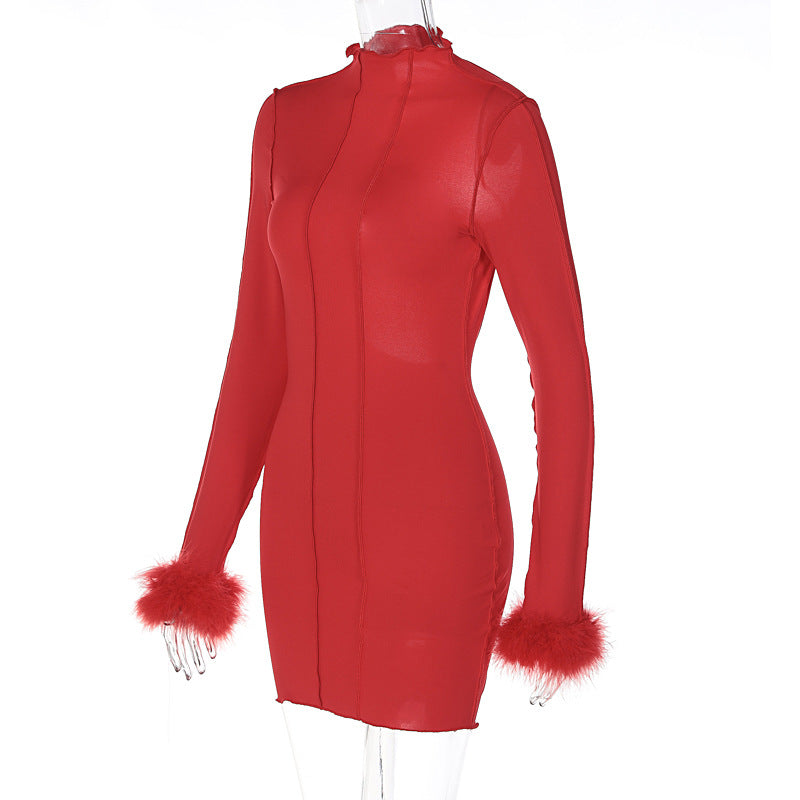 Fur Long Sleeve Dress with Hollow Collar and Backless