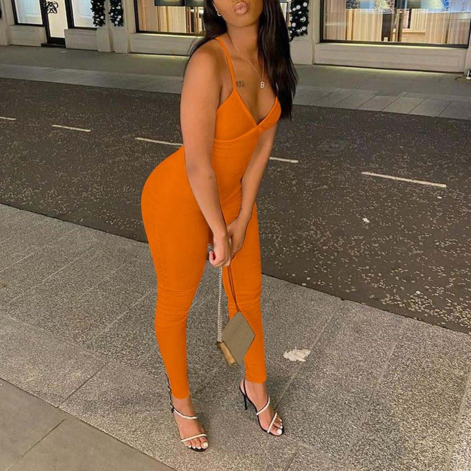 Ribbed Suspenders Backless Slim Fit Jumpsuit