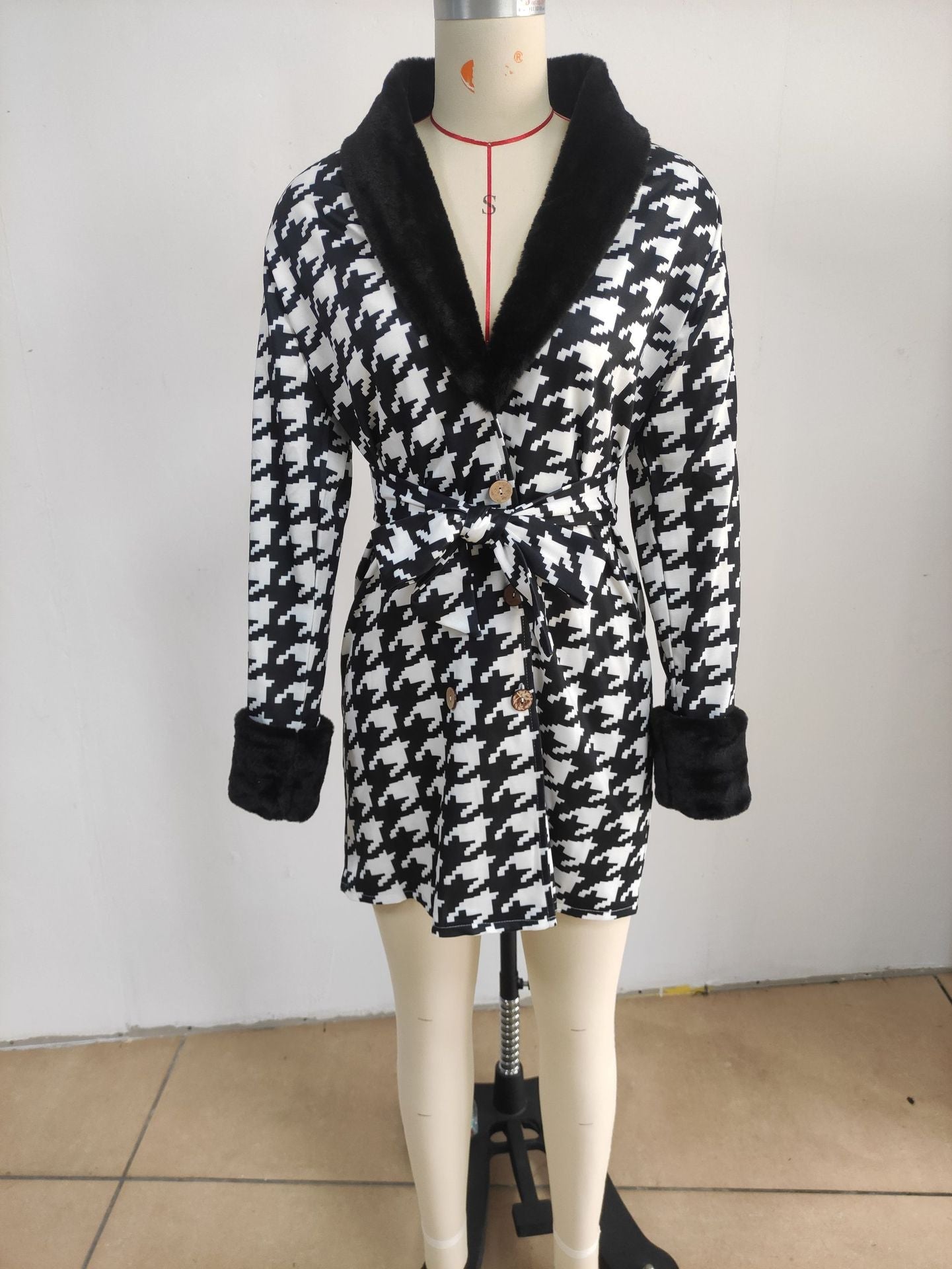 Fur Leader Circle Houndstooth Printed Dress