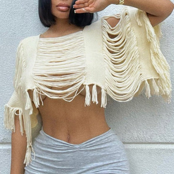 Hollow Fringe Pullover Knitted Loose Top