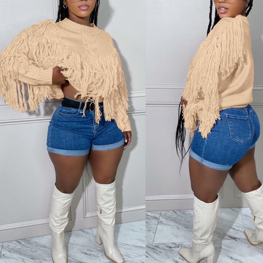 Knitted Hand Crochet Tassel Sweater Top