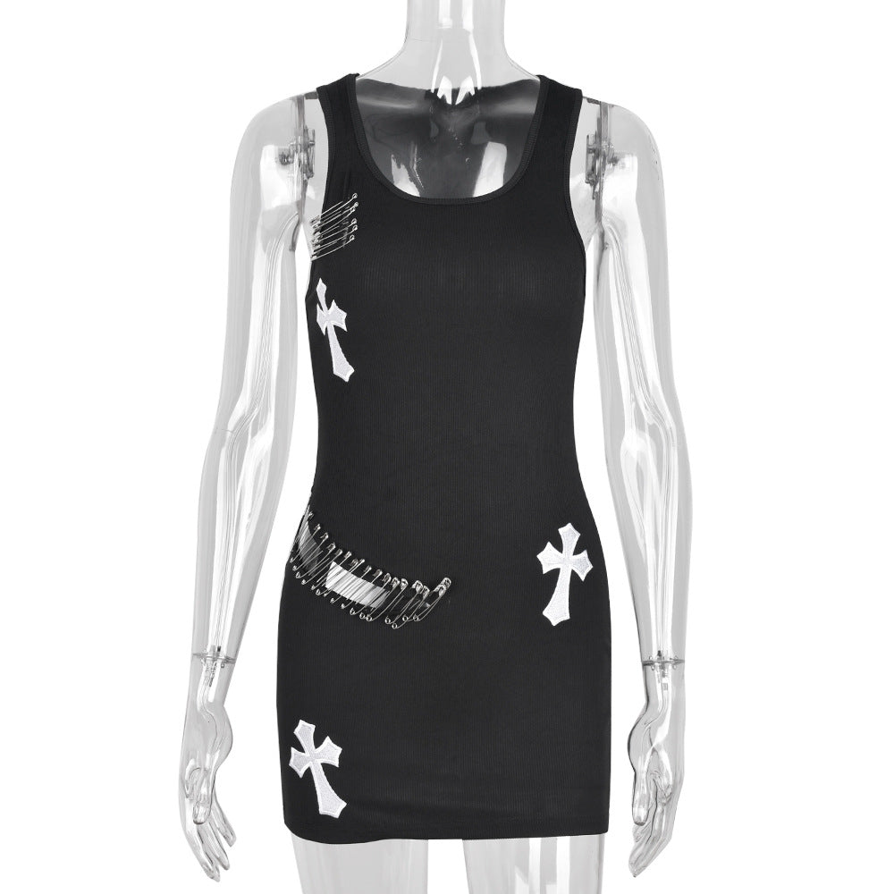 U-neck Sleeveless Head Cross Embroidered Dress