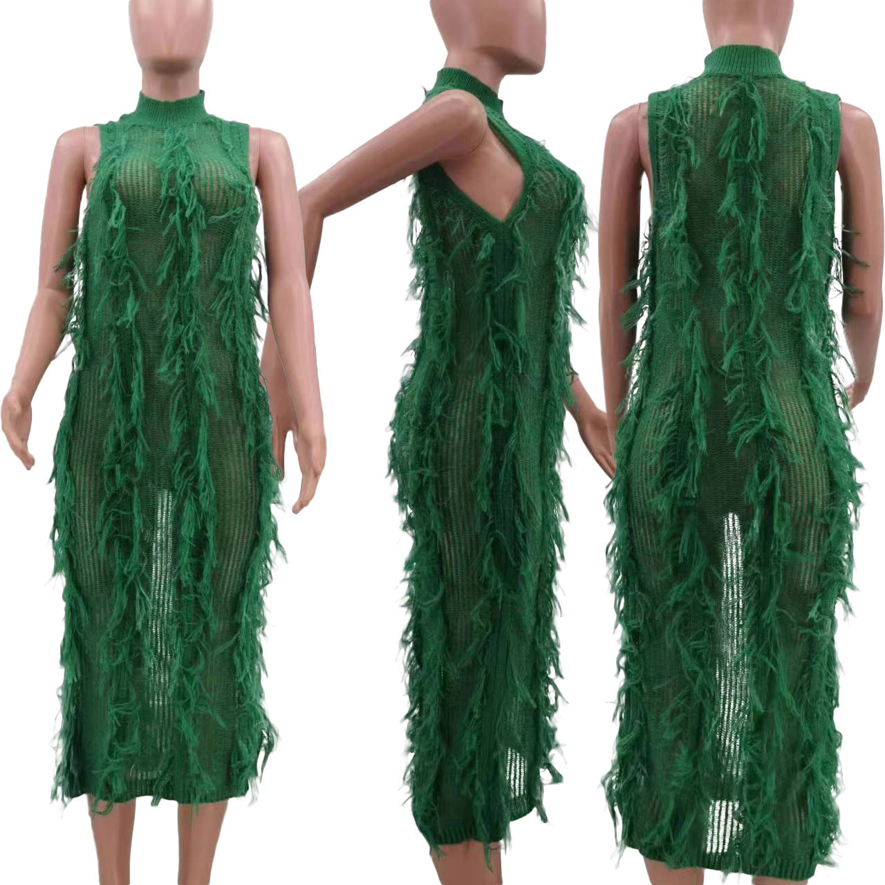 Knitted Fringe Perspective Sleeveless Dress