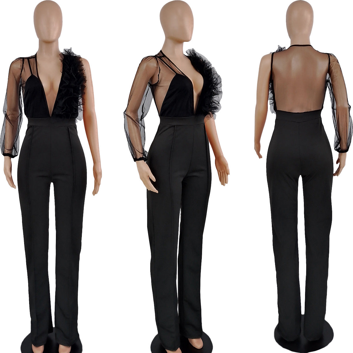 Mesh See-through Deep V Jumpsuit