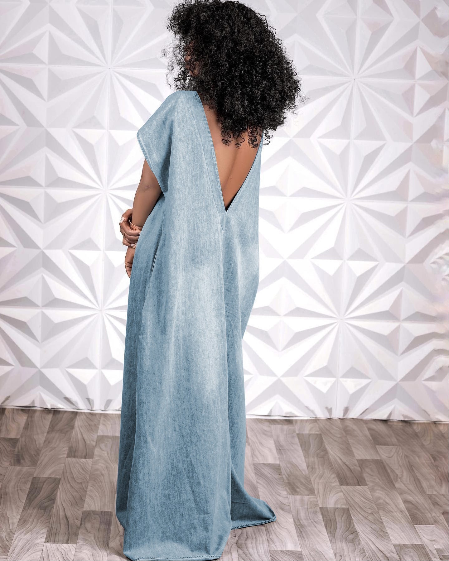 Denim Loose Deep V Open Back Dress