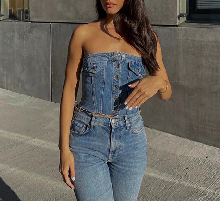 Denim Slim-Fit Buttoned Tank-Top