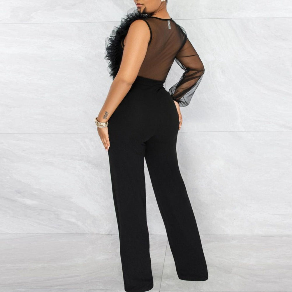 Mesh See-through Deep V Jumpsuit