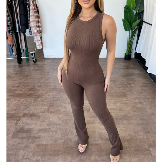 Sleeveless Zipper Slim High Waist Micro Flare Jumpsuit