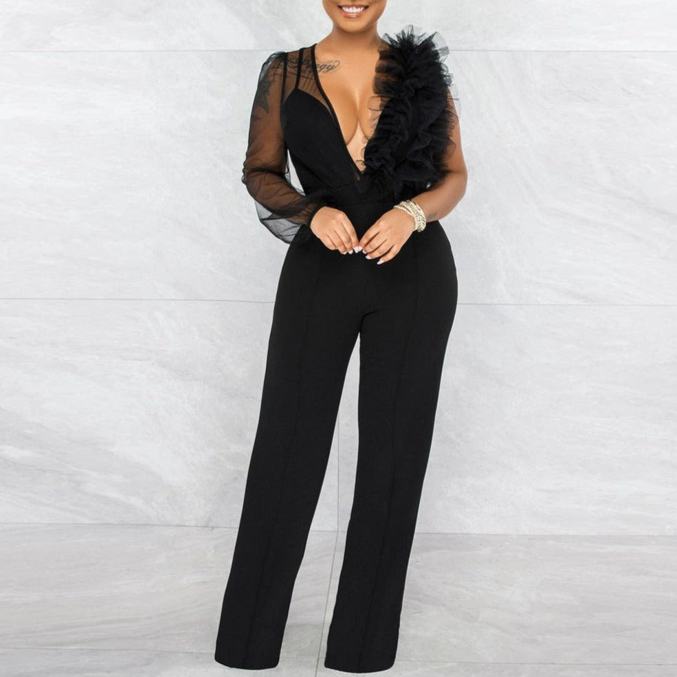 Mesh See-through Deep V Jumpsuit