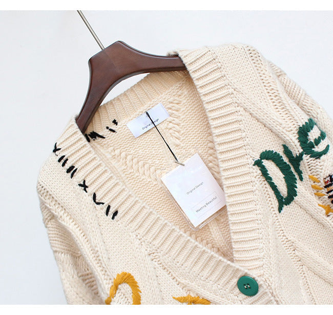 Embroidered Sweater Female Lettering Loose Knit Coat