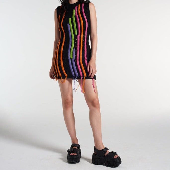 Fringe Sleeveless Slim Fit Panel Knit Dress