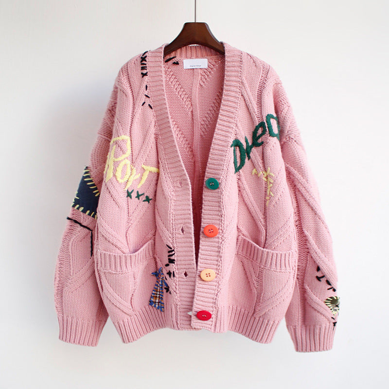 Embroidered Sweater Female Lettering Loose Knit Coat