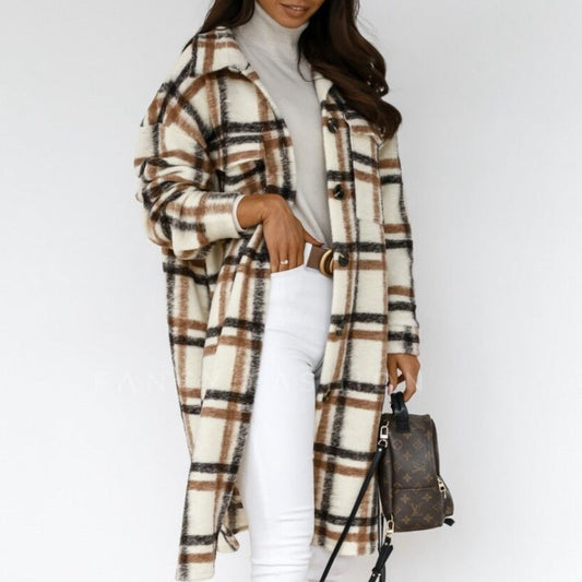 Plaid Printed Mid-Length Shirt Coat