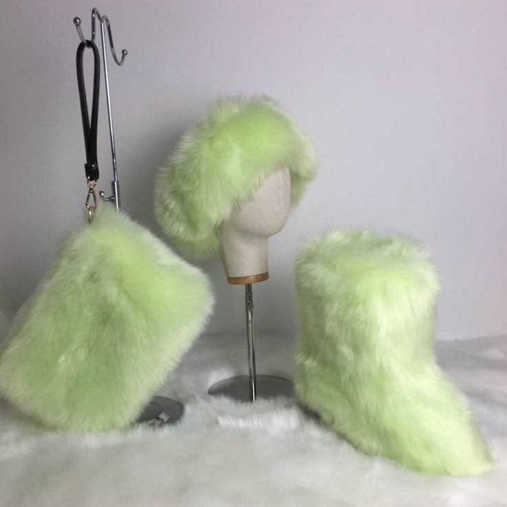 Faux Fur Headband/Boots/Bag Set 3pcs