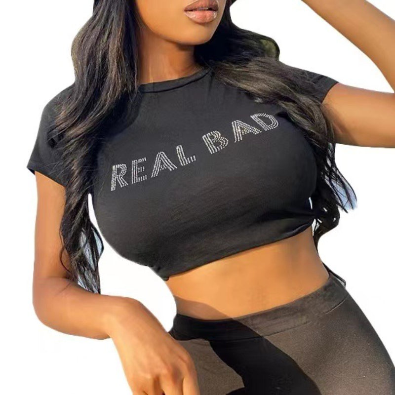 Rhinestone round Neck Midriff-Baring Tight T-shirt