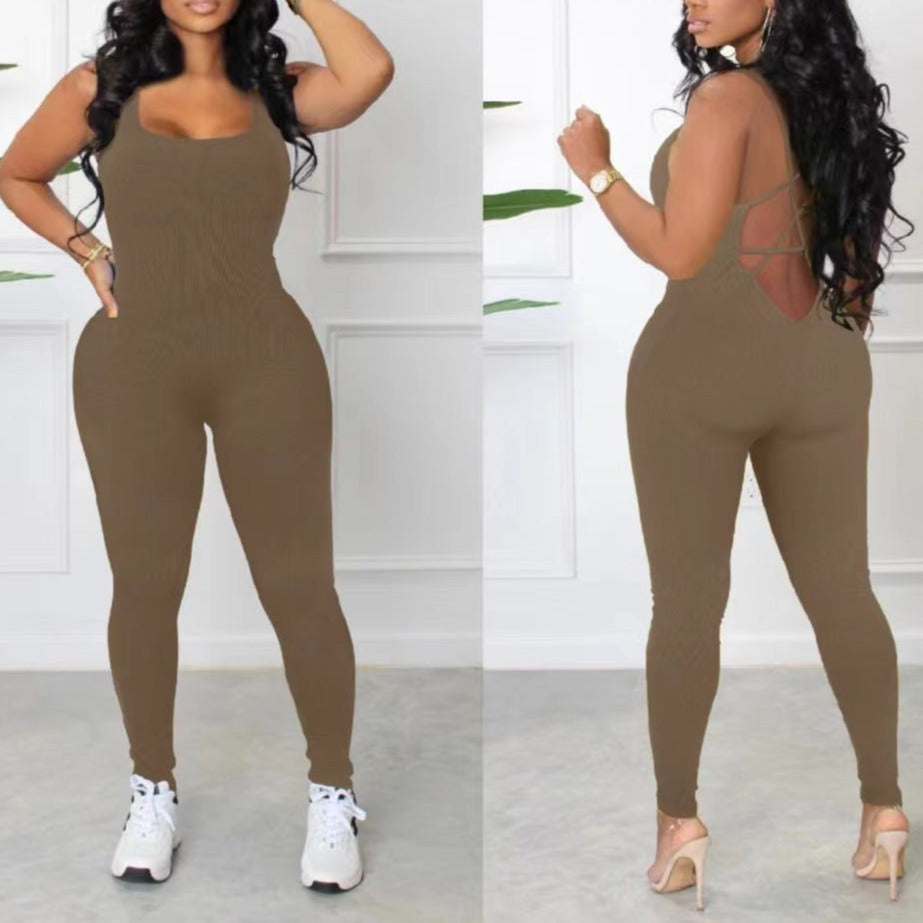 Sleeveless Backless Waist Trimming Yoga Jumpsuit