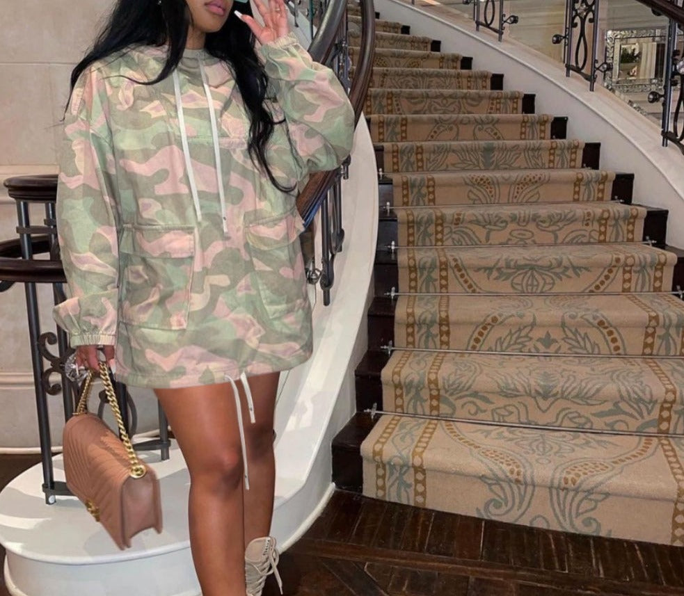 Camouflage Pocket Hooded Drawstring Dress