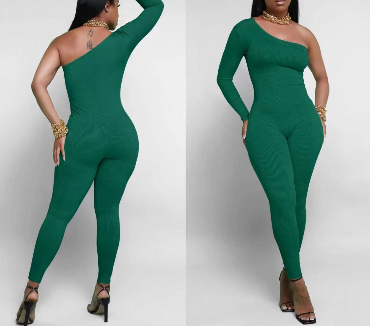 Pit Striped Oblique Shoulder Slim Fit Solid Color Jumpsuit