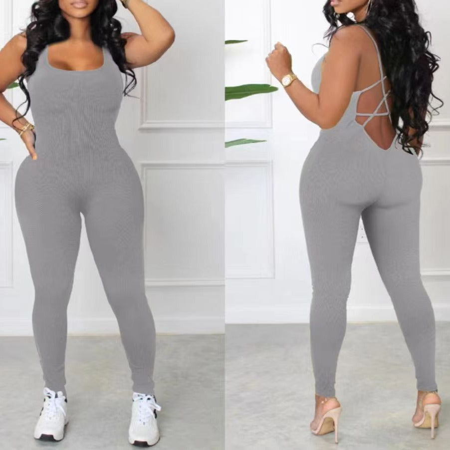 Sleeveless Backless Waist Trimming Yoga Jumpsuit