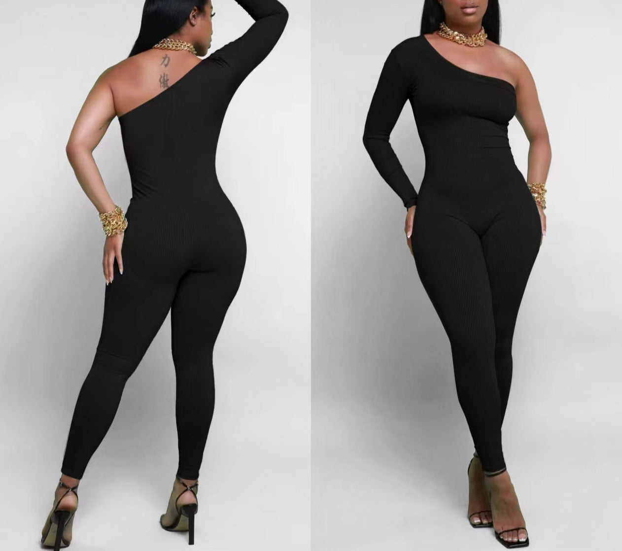 Pit Striped Oblique Shoulder Slim Fit Solid Color Jumpsuit