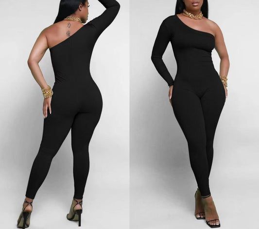 Pit Striped Oblique Shoulder Slim Fit Solid Color Jumpsuit